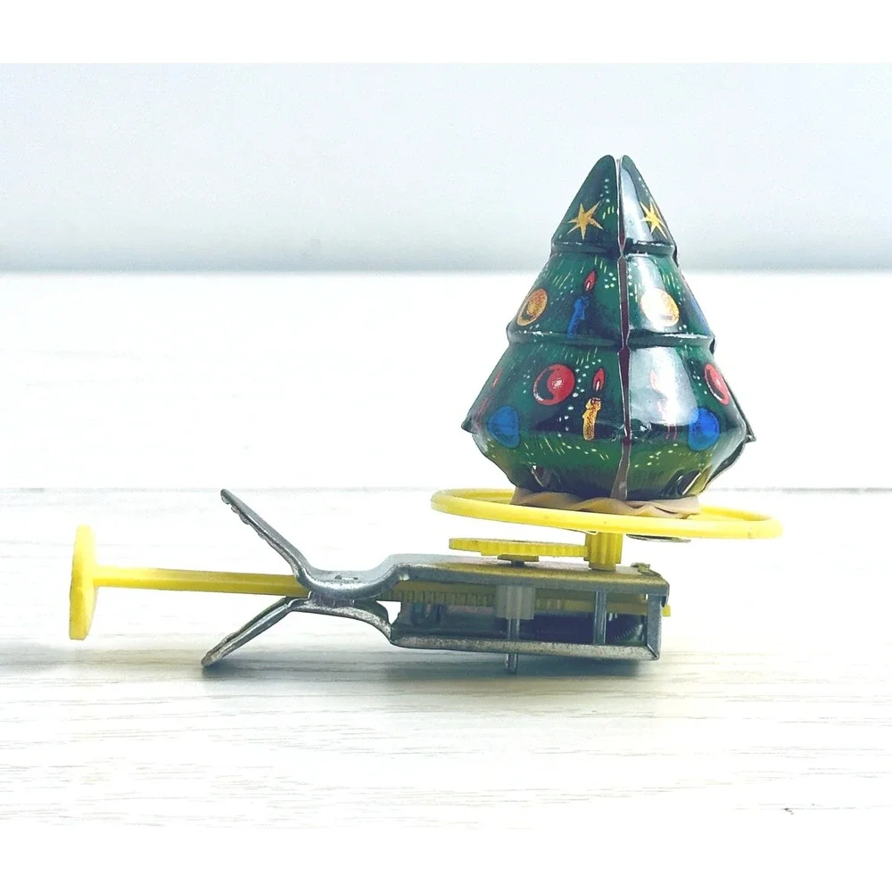 Vintage‎ Tin Litho Spinning Christmas Tree w/Hidden Santa Push Spinner Toy Japan